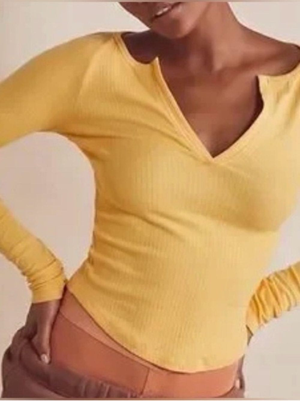 Intimately Free People Sunflower Yellow Ribbed Deep V Long Sleeve Top Medium